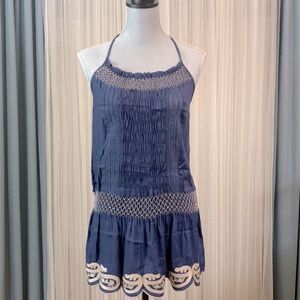 XXI embroidered smocked halter top tunic  blue/beige women’s sz large